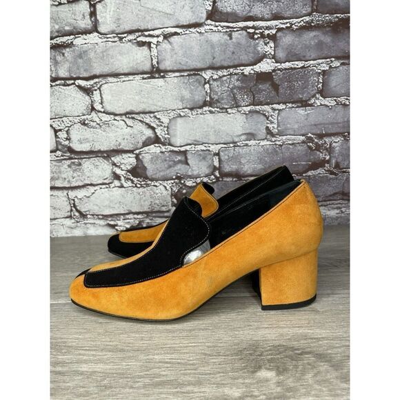 DORATEYMUR Marigold Suede Black Leather Split Designer Mule Heels Women Sz 38EU - Picture 1 of 16